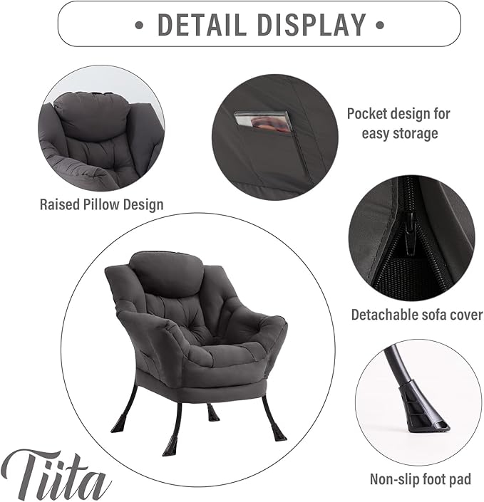 Tiita Lazy Chair Gray Modern Large Accent Armchair Comfy Leisure Sofa Reading Chair for Bedroom Living Room Dorm Rooms Garden and Courtyard Dark Grey