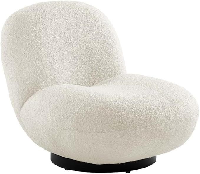 Pemberly Row Modern Boucle Fabric Swivel Accent Chair Ivory and Black Finish 30 H x 31 W x 36 D Foam Padding and Webbed Support Matte Black Iron Base Living Room or Office Seating