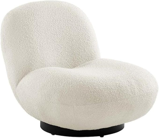 Pemberly Row Modern Boucle Fabric Swivel Accent Chair Ivory and Black Finish 30 H x 31 W x 36 D Foam Padding and Webbed Support Matte Black Iron Base Living Room or Office Seating