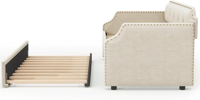 Beige Upholstered Daybed with Trundle Twin Size French Country Style Wood Slat Support Sofa Bed for Guest Room or Living Space