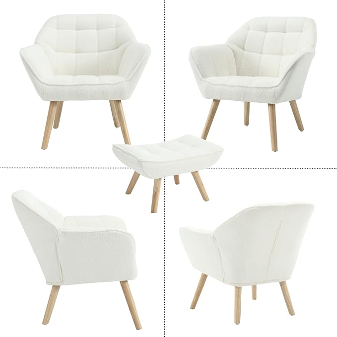 Modern Sherpa Accent Chair with Ottoman Fluffy Upholstered Lounge Chair with Footrest Comfy Living Room Side Boucle Armchair for Small Space Bedroom Apartment White