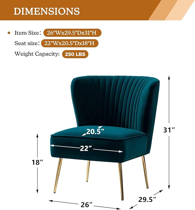 TINA'S HOME Velvet Accent Chair Set of 2 with Metal Golden Legs Upholstered Armless Slipper Chair with Wingback Mid Century Side Chair for Living Room Bedroom Makeup Vanity- Teal