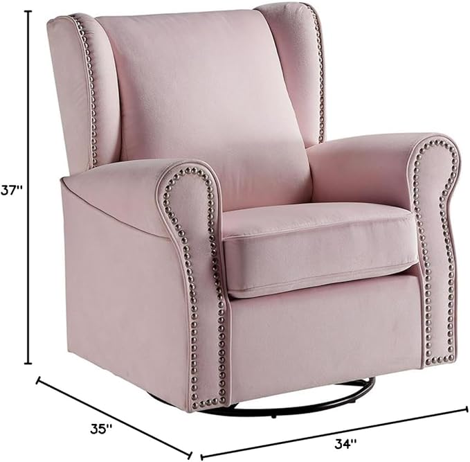 BOWERY HILL Contemporary Swivel Chair with Glider Pink Fabric Upholstery Wingback Design Nailhead Trim Loose Seat Removable Cushion Cover 35 L x 34 D x 37 H Accent Chair for Living Room