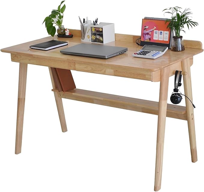 Mid-Century 47 Desk Solid Wood Writing Desk with 2 Drawers and Lower Shelf Home Office Table for Study or Work or Dining with 2 Hanging Rod Natural