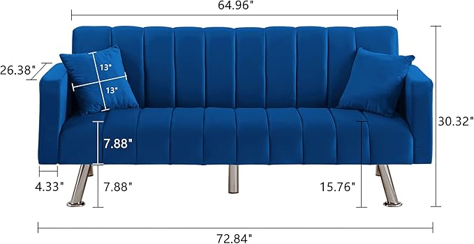 AWQM Sofa Bed Upholstered Convertible Folding Sofa Bed with 2 Pillows Sturdy Sleeper Couch with Wooden Frame and Metal Legs Comfortable Velvet Sofa Suitable for Living Room Bedroom Office (Blue)