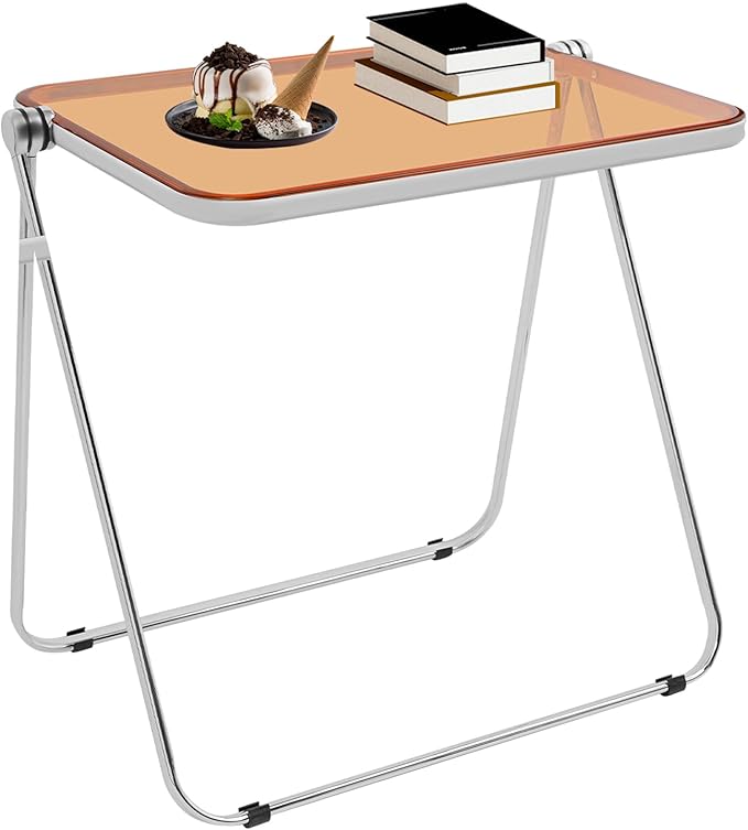 Folding TV Tray Table Acrylic Foldable Desk No Assembly Required Mini Folding Desk for Home Office Living Room Bed Room Outdoor (Silver + Clear + Tan)