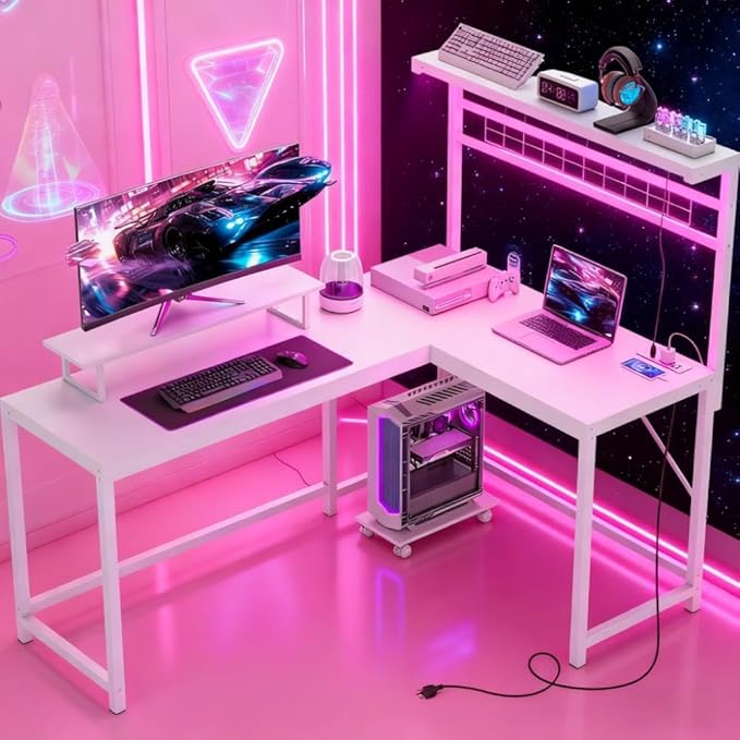 61.6'' L Shaped Gaming Desk with Power Outlets &amp LED Lights Reversible Computer Table with Monitor Stand and CPU Shelf Cornor Office Table PC Desk for Writing Study (White)