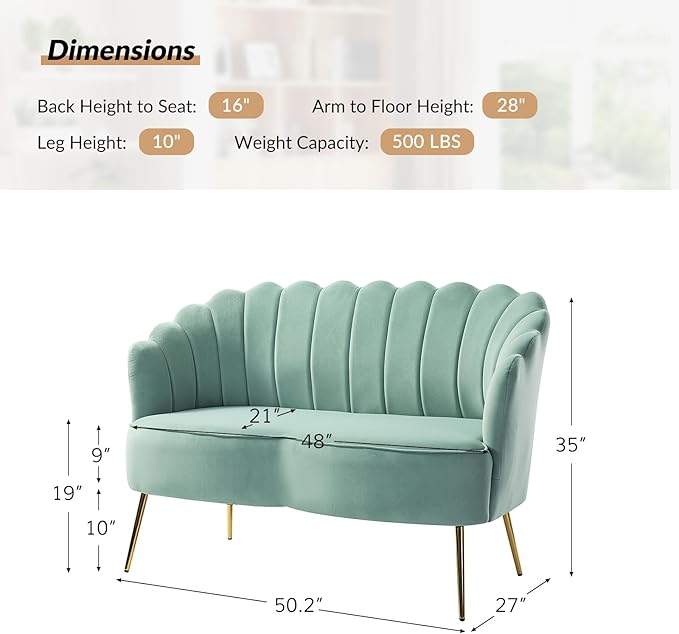 Velvet Upholstered Loveseat Sofa with Gold Metal Legs Modern Comfy Small Love Seat with Flower Shaped Back 2-Seater Sofa Accent Couch for Living Bedroom Leisure Areas