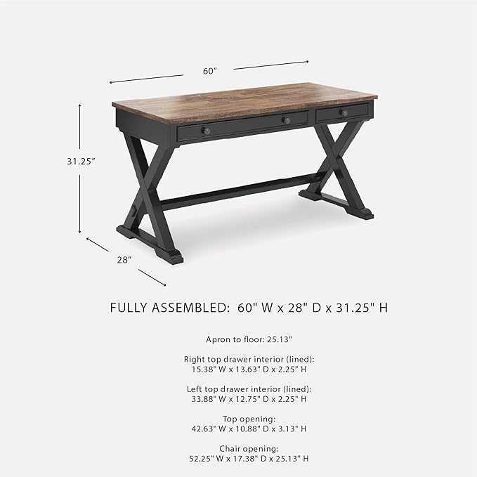 Signature Design by Ashley Wildenauer Farmhouse 1-Drawer 60 Home Office Desk with Keyboard Tray Cord Management and Trestle Base Dark Brown &amp Black