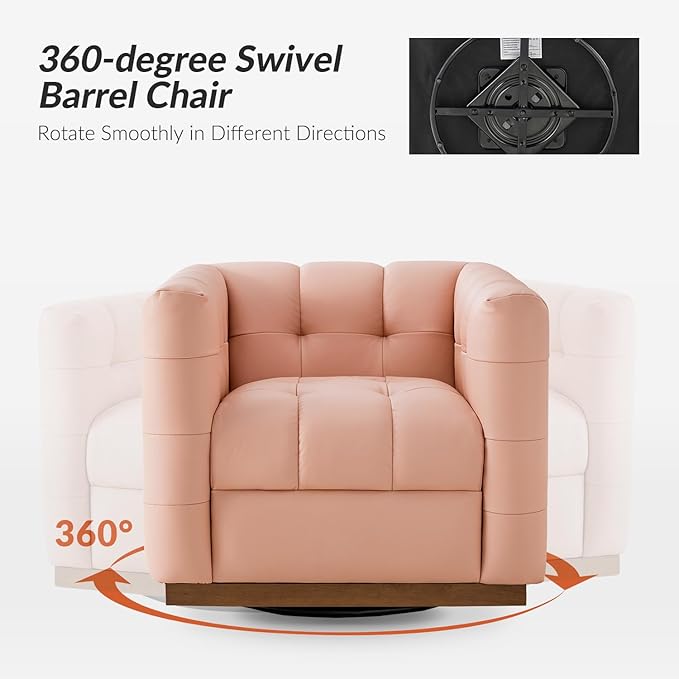HULALA HOME Genuine Leather Swivel Accent Chair with Wooden Base Mid Century Modern Square Accent Chair for Living Room Bedroom Club Pink