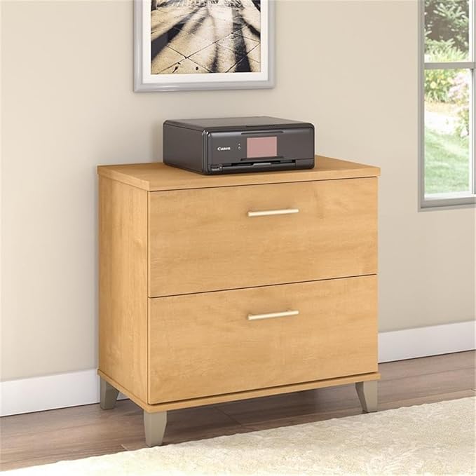 Pemberly Row Modern Lateral File Cabinet Maple Cross Finish Engineered Wood 2 Drawer Design with Full-Extension Ball Bearing Slides Tapered Legs Office Storage Solution for Letter and Legal Files