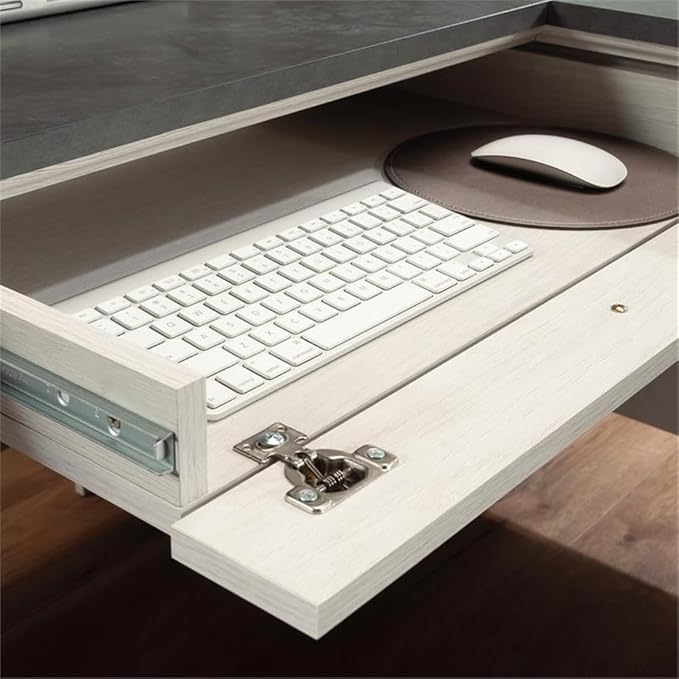Bowery Hill L-Shaped Engineered Wood Desk Glacier Oak/Rosso Slate Finish 68.74W x 65.11D x 29.60H Multiple Drawers File Storage Adjustable Shelf Grommet Holes Home Office Computer Workspace