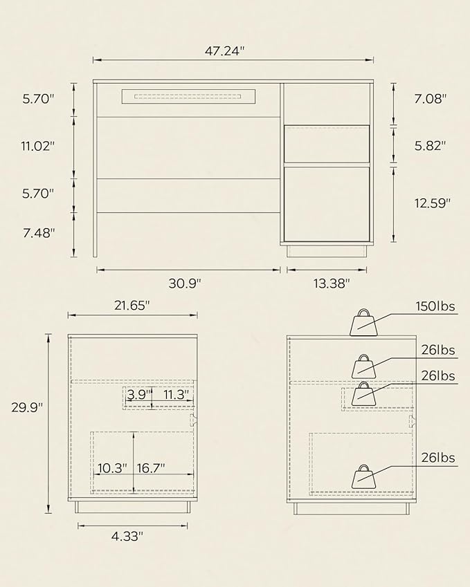 47 Executive Desk with File Drawer Farmhouse Computer Desk with Charging Station and Open Storage Compartment Wooden Home Office Desk for Writing Study Working Natural Oak
