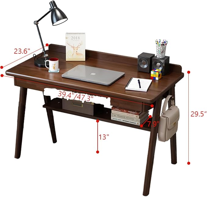 Writing Desk with 2 Drawers and Storage Shelf Modern Simple Solid Wood Writing Study Desk Workstation Home Office Desk(39Inch Walnut)