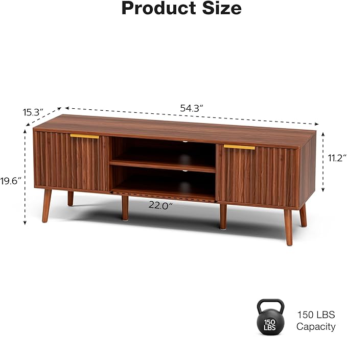 TV Stand for Living Room Mid Century Modern Entertainment Center for 55/60 inch TVs TV Console with Fluted Door Cabinets and Open Shelves for Bedroom Walnut