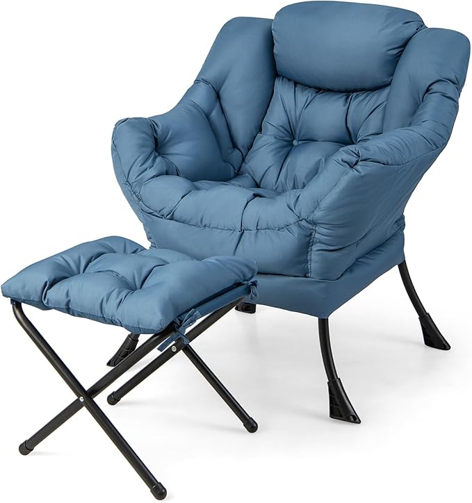 GORELAX Lazy Chair with Ottoman Modern Accent Chair w/Armrests &amp Side Pocket Upholstered Lounge Sofa Chair &amp Folding Footstool Set Reading Chair for Bedroom Living Room Dorm Room (Navy)