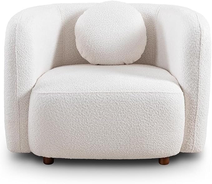 39 W Barrel Chairs Set of 2 Mid-Century Modern Boucle Accent Chairs with Armrests and Pillow Upholstered Barrel Sofa Chair Set for Living Room Bedroom Apartment No Assembly White