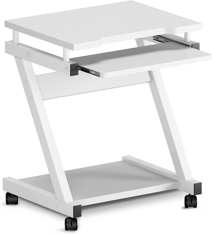 sogesfurniture Mobile Compact Computer Desk Cart for Small Spaces Portable Computer Desk Small Rolling Work Workstation for Home and Office with Printer Shelf Keyboard DrawersWhite