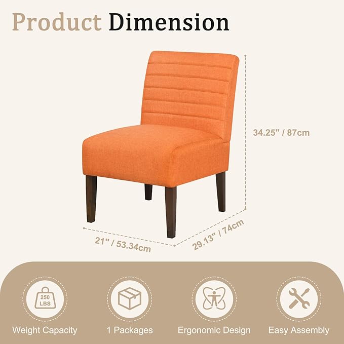 Armless Accent Chair Mid Century Modern Upholstered Living Room Chairs Accent Dining Chair Sofa with Solid Wood Legs Lounge Reading Chair for Bedroom Office (Orange)