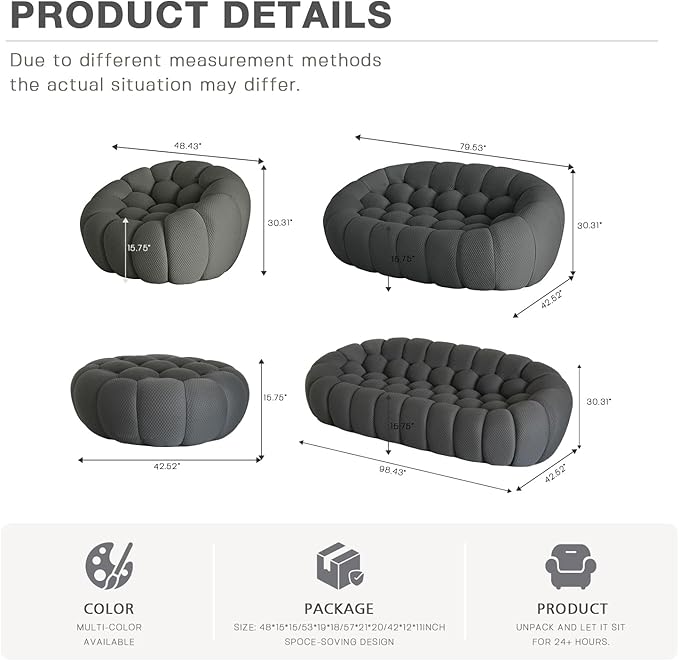 WJShome Modular Sectional SofaBubble Couch Set1 Seater+ OttomanModern Upholstered Bean Bag Sofa Couch Mesh Fabric Lazy Floor Chair Living Roon Sets (Dark Gray)