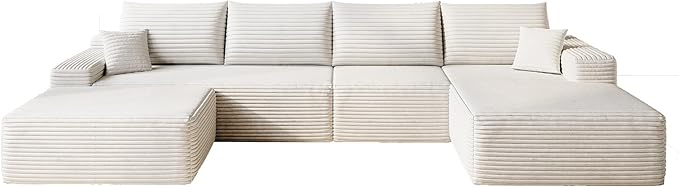 135 Corduroy Boneless Sectional Couch with Chaise &amp Ottoman No Assembly Required U Shaped Modular Sectional Sofa Boneless Couches for Living Room (White 4 Seater+Right Facing Chaise+Ottoman)