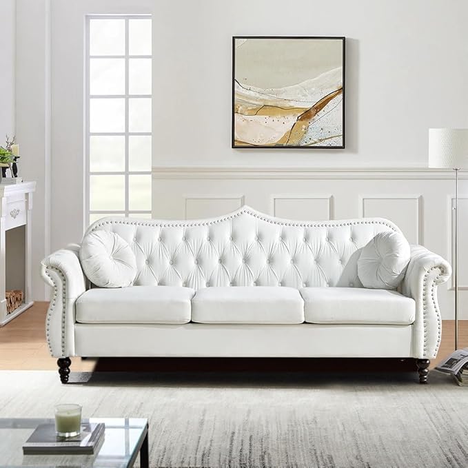 3 Seater Chesterfield Sofa Velvet Modern Tufted Velvet Couch with Scroll Arms and Nailhead Classic Chesterfield Settee Couches (White)