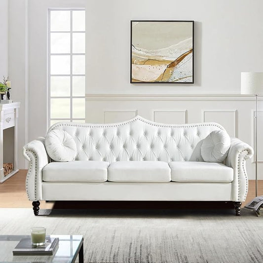 3 Seater Chesterfield Sofa Velvet Modern Tufted Velvet Couch with Scroll Arms and Nailhead Classic Chesterfield Settee Couches (White)