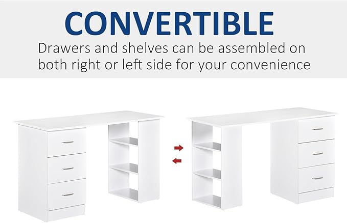 47 inches Modern Home Office Computer Desk Bookcase Combo Writing Table Workstation with 3 Drawer and Storage Shelf Modern Writing Desk Study Writing Table for Small Spaces White