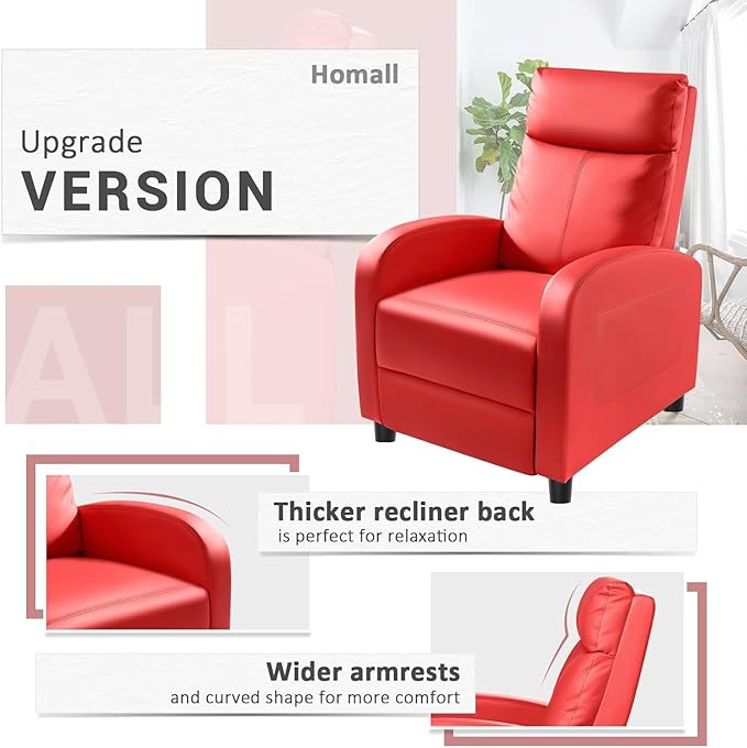 Homall Recliner Chair Recliner Sofa for Adults Recliners Home Theater Seating with Lumbar Support Reclining Sofa Chair for Living Room (Leather Red)