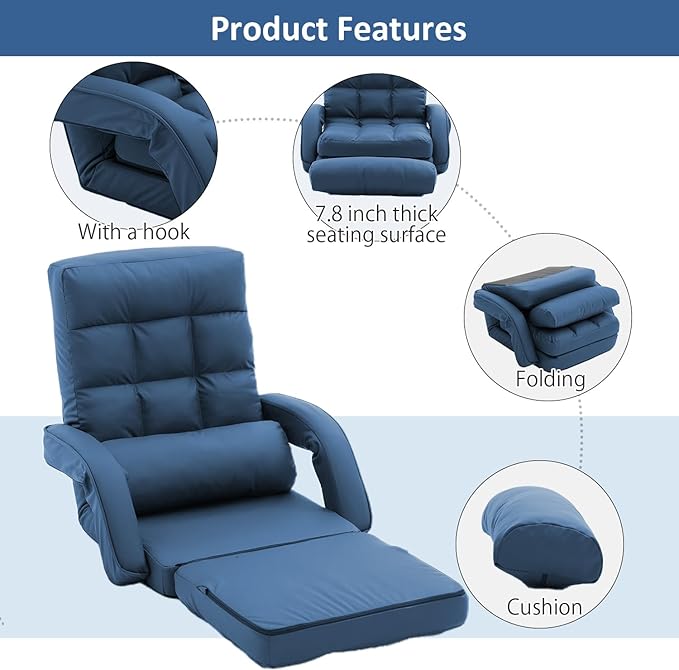 FLOGUOR 14-Position Adjustable Floor Chair Chaise Lounge Indoor Folding Lazy Sofa with Armrests and a Pillow Padded Adults Gaming Chairs for Living Room Bedroom Factory Price8803 (Blue（PU）)