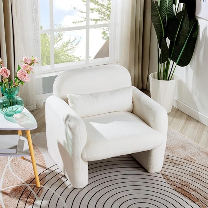 Stylish and Minimalist Teddy Fleece Single Sofa Chair with Arms and Pillow Armchair Accent Chair for Living Room Bedroom StudyGrey (Beige + Teddy)