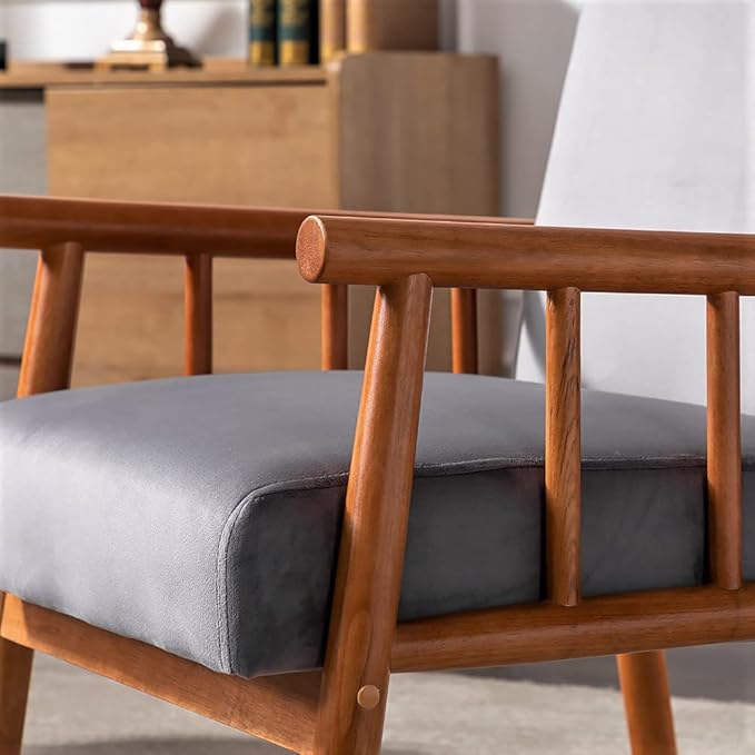 Container Furniture Classic Living Room Mid Century Modern Accent Chair with Unique Open-Framed Arm Design and Solid Wood Frame Velvet Armchair Grey