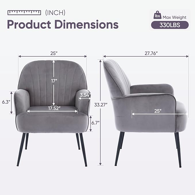 Velvet Accent Chair Upholstered Modern Leisure Single Sofa Side Chair Comfy Tufted Back Armchair with Metal Legs for Living Room/Bedroom/Office/Reading Room Grey