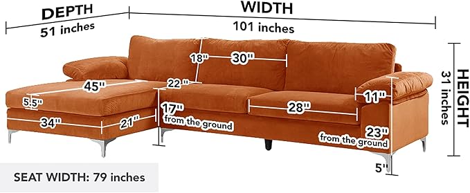 Casa Andrea Milano Modern Large Velvet L-Shape Sectional Sofa with Extra Wide Chaise Lounge Couch