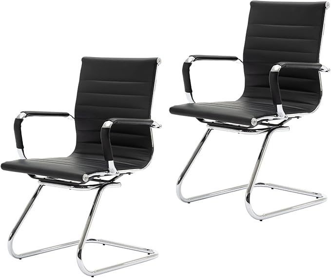CIMOTA Waiting Room Chairs Leather Office Guest Chair Mid Back Reception Chairs with Sled Base for Meeting/Patient/Conference Room Black Set of 2
