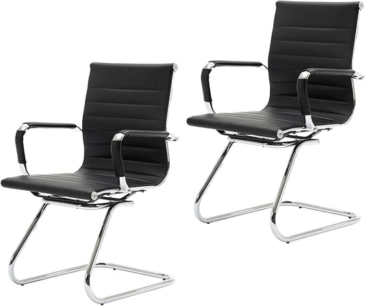CIMOTA Waiting Room Chairs Leather Office Guest Chair Mid Back Reception Chairs with Sled Base for Meeting/Patient/Conference Room Black Set of 2