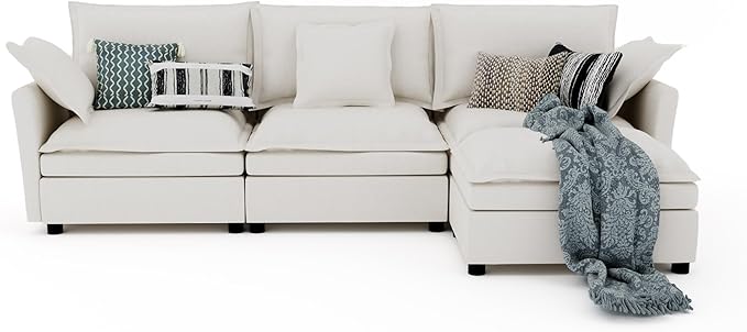 112 Inch Cream White Cloud Sectional Couch - Wide Pillow Edge Chenille Comfy Upholstered 3 Seater Modular Sofa with Ottoman L Shaped Couches for Living Room Apartment Office