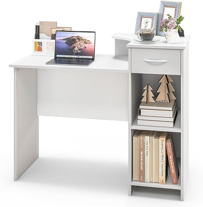 GOFLAME Computer Desk Modern Laptop PC Desk with Adjustable Shelf &amp Cable Hole Compact Writing Desk Study Desk with Monitor Stand Wooden Computer Workstation for Home Office White