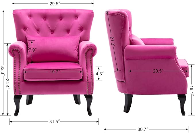 Kmax Velvet Tufted Accent Chair Mid Century Throne Chair Comfy Sofa Chair Padded Seating WingBack Unique Wood Legs Home Club Bedroom Living Room Rose
