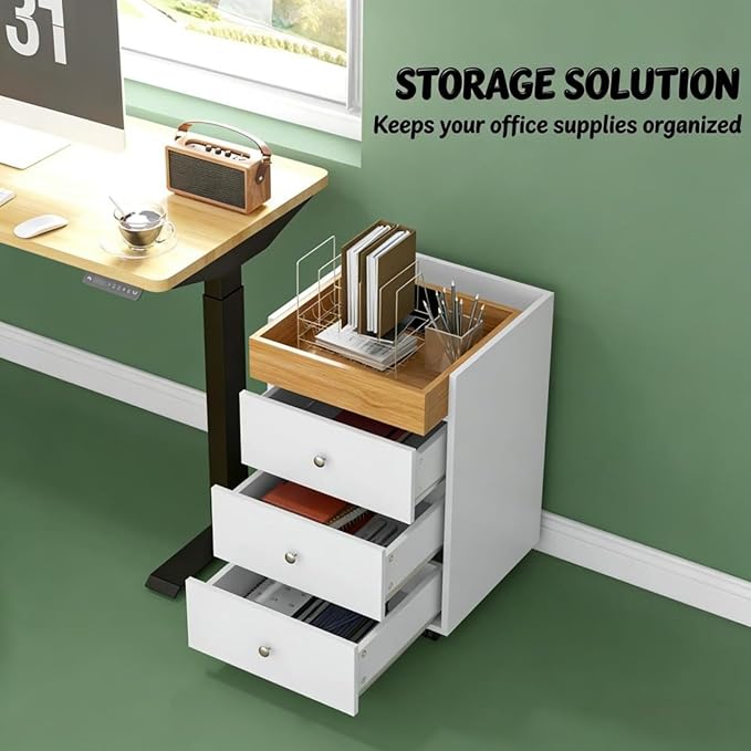 Mobile File Cabinet Office Cabinets with 4 Smooth Wheels for Home Office Rolling Filing Storage Cabinet Compact Printer Stands with 3 Drawers &amp Natural Wood Storage Box on The Top for Letter/A4 S