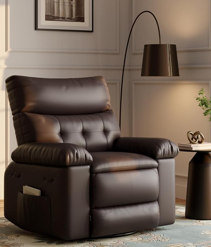 GarveeHome Oversized Recliner Chairs Classic Manual Leather Recliner Home Theater Seating with Lumbar &amp Arms Support for Living Room Bedroom and Nursery - Brown