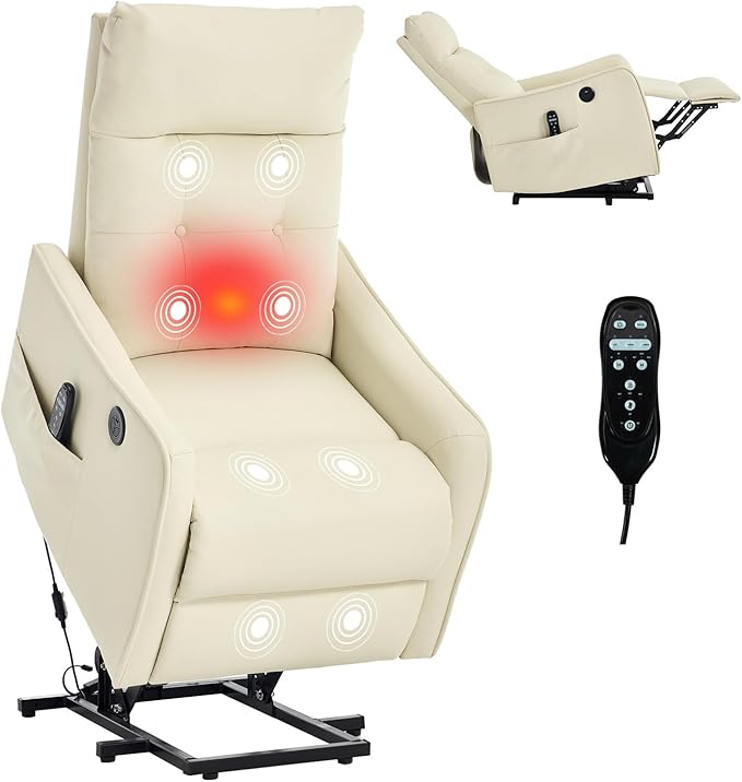 Small Power Lift Chair Recliner for Elderly Petite Power Recliner Chair with Massage and Heat | USB | High Back | Push Button | Side Pockets Liviing Room Easy Assembly (PU Leather Beige)