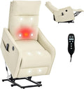 Small Power Lift Chair Recliner for Elderly Petite Power Recliner Chair with Massage and Heat | USB | High Back | Push Button | Side Pockets Liviing Room Easy Assembly (PU Leather Beige)