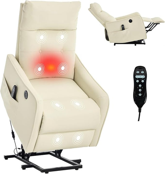 Small Power Lift Chair Recliner for Elderly Petite Power Recliner Chair with Massage and Heat | USB | High Back | Push Button | Side Pockets Liviing Room Easy Assembly (PU Leather Beige)