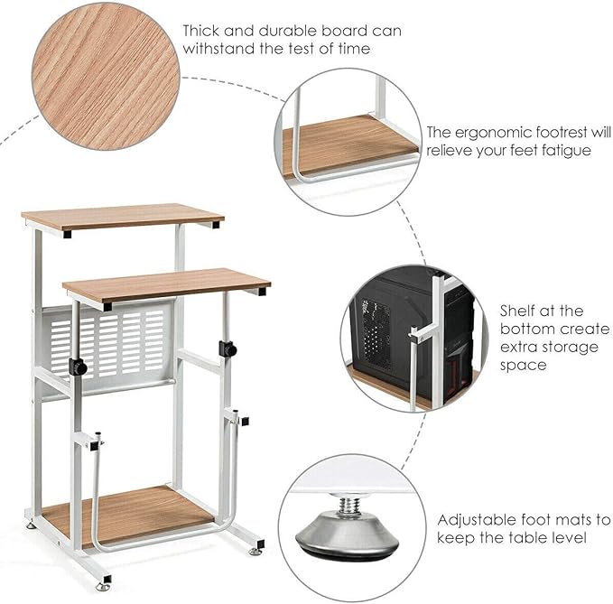 Goplus Topment Height Adjustable Standing Desk Home Office Writing Workstation with U-Shaped Footrest Sturdy Steel Frame Adjustable Pads Space-Saving Sit Stand Laptop Table with Storage