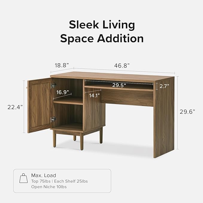 mopio Haylee Boho Farmhouse Writing Desk with Natural Rattan Exterior Door Ample Storage Adjustable Shelves for Study Vanity Makeup &amp Work in Bedroom Home Office