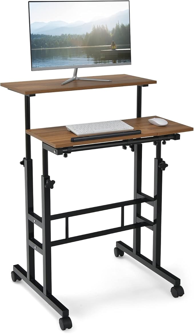 Giantex Mobile Standing Desk Height Adjustable Stand Up Desk with Wheels &amp Tilting Tabletop Rolling Laptop Cart Computer Workstation for Standing or Sitting Home Office Sit Stand Desk Walnut