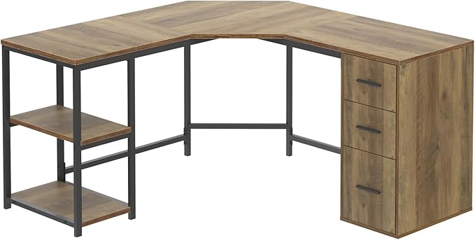 LVB Rustic L Shape Computer Desk with File Cabinet Reversible Corner L-Shaped Desk with Drawers Storage Shelf Modern Large Wood L Shaped Work Study Writing Gaming Desk Table for Home Office 60 in
