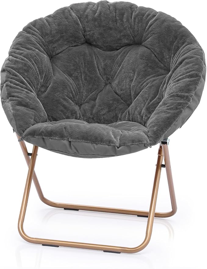 Round Saucer Chair for Teens and Adults Faux Fur Folding Living Room Cozy Moon Chair (Gray)