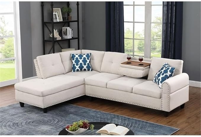 Devion Furniture Polyester Fabric Sectional Sofa with Lift-top Storage Ottoman Tufted Design in Beige Finish